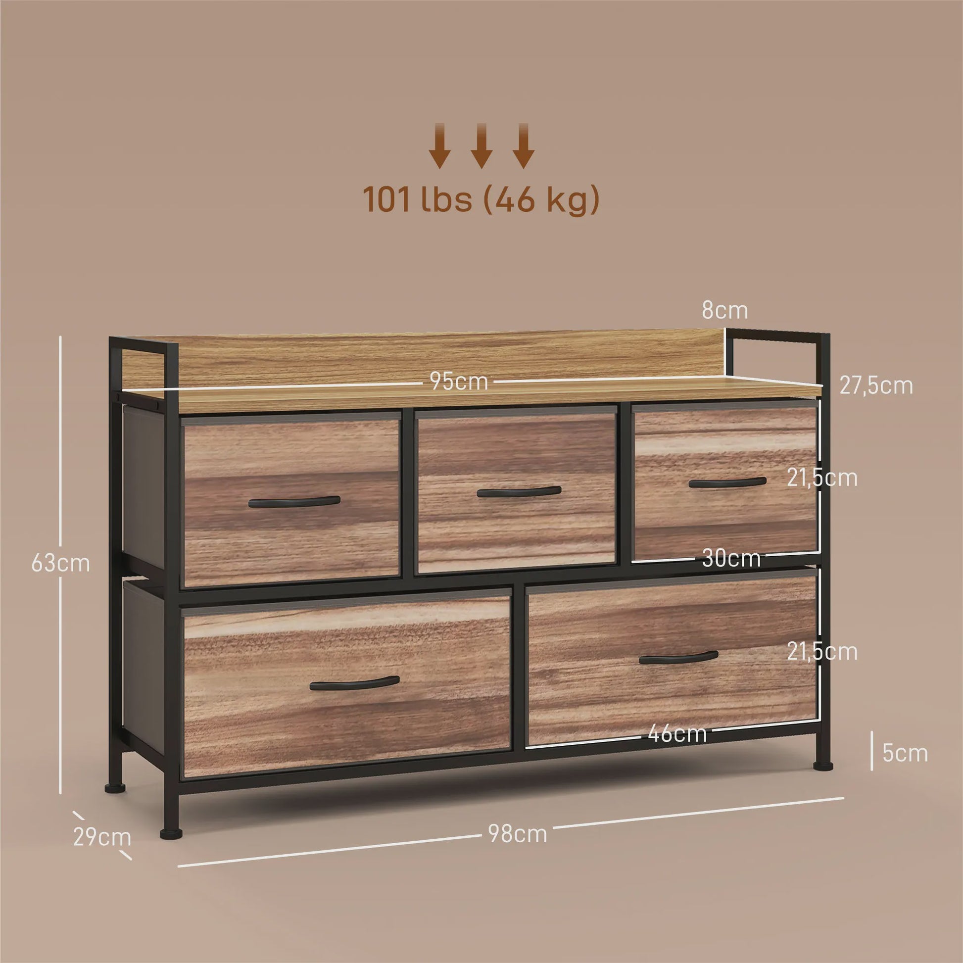 HOMCOM Opbergmeubel met 5 Stoffen Lades - Zwart Stalen Frame - 98x29x63 cm