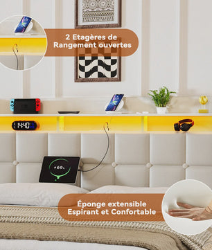 Luxe Gestoffeerd 2-Persoons Bed 140x190cm met PU Hoofdbord, LED Verlichting, USB & Opbergruimte