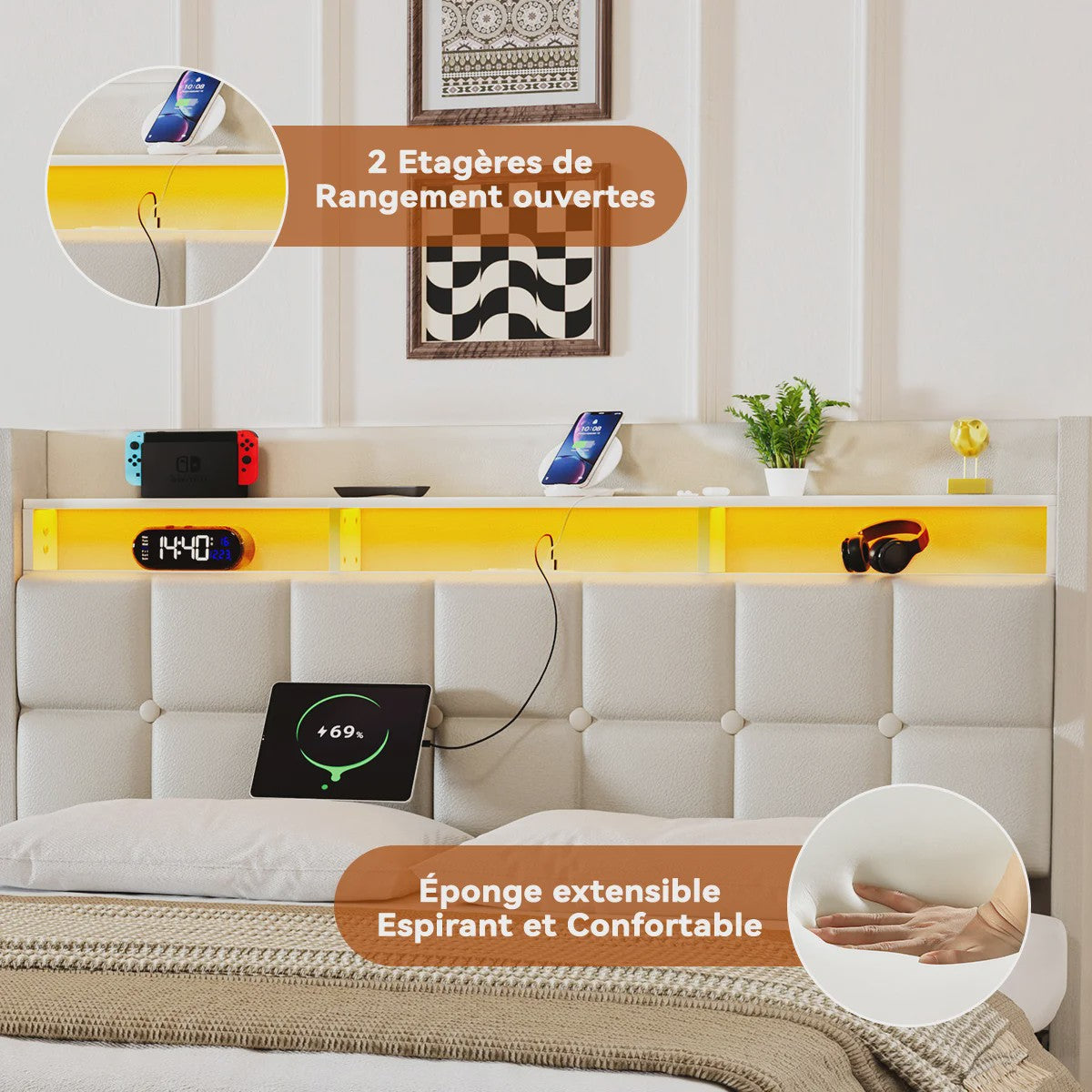 Luxe Gestoffeerd 2-Persoons Bed 140x190cm met PU Hoofdbord, LED Verlichting, USB & Opbergruimte