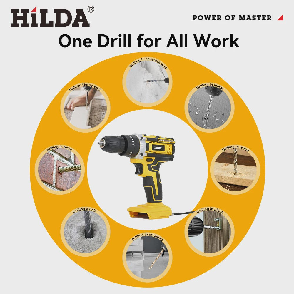 HILDA 21V Accu Schroefmachine met Klopboorfunctie - 25+3 Draaimomenten & 2 Versnellingen