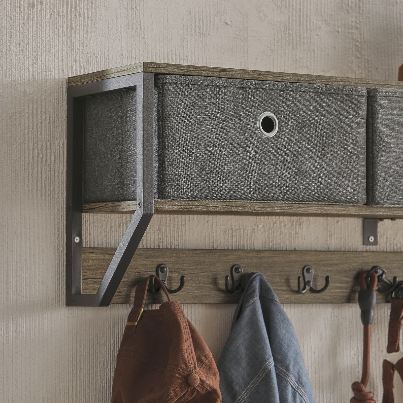 Vintage Wandkapstok met 3 Opbergmanden en 7 Haken - Hal Garderobe