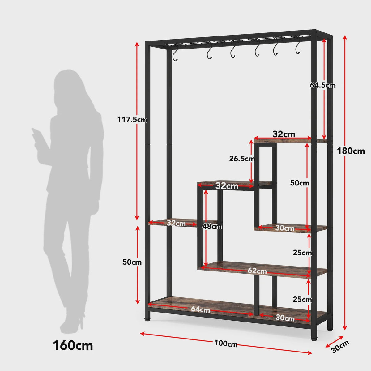 Hoge Plantenstandaard 180cm met 5 Treden en 10 Ophanghaken - Metaal & Hout