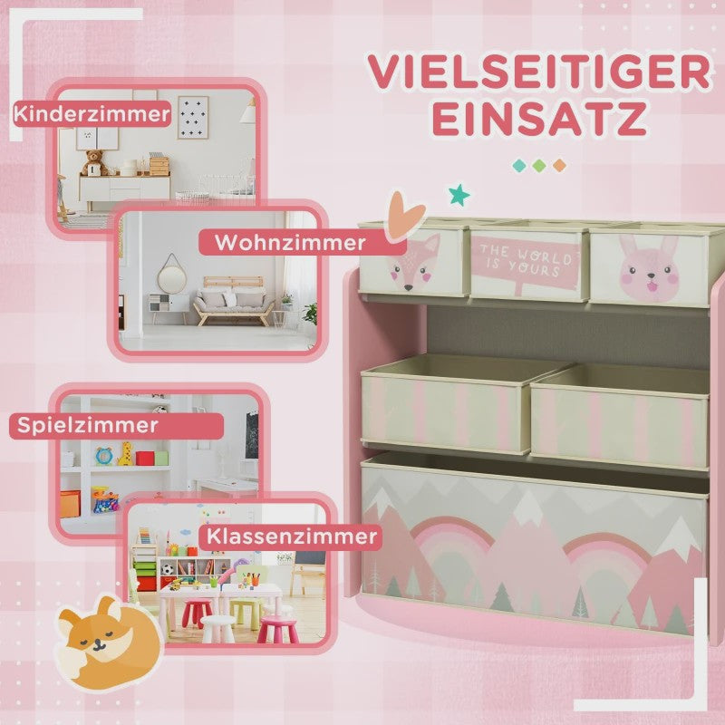 Roze Kinder Kledingkast met 6 Stoffen Opbergdozen - Schattige Motieven