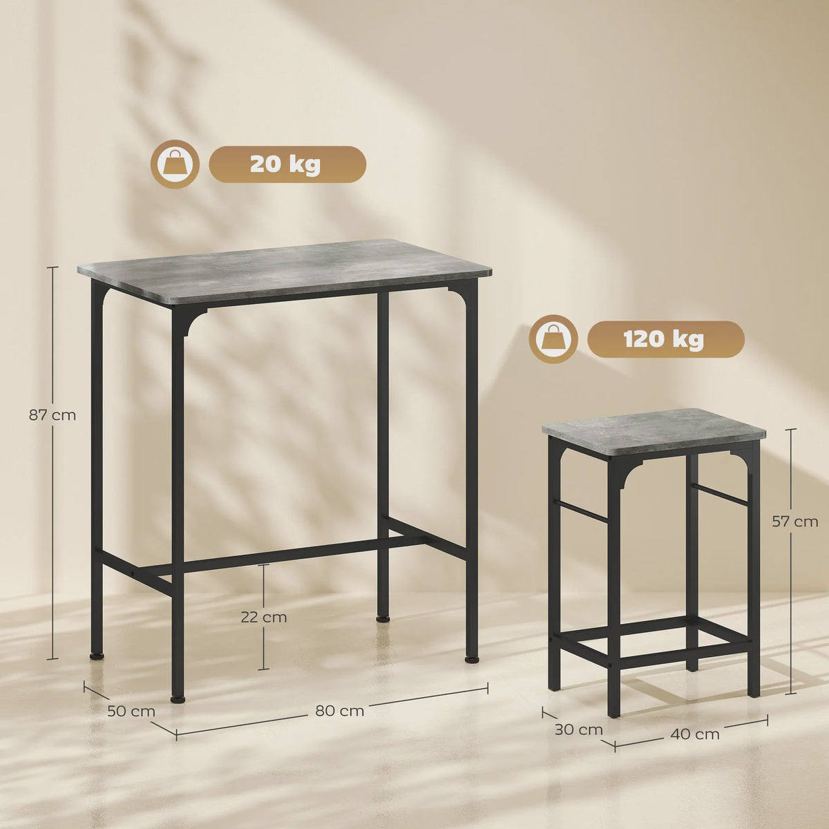 HOMCOM Bartafel Set met 2 Barkrukken - Keuken, Eetkamer, Woonkamer - Grijs