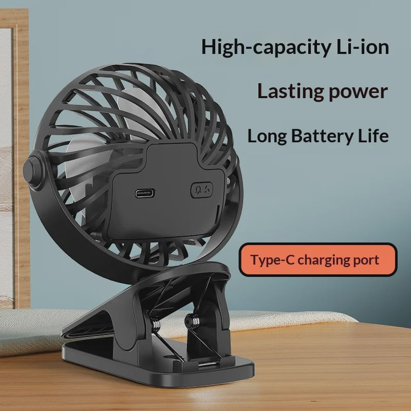 Draagbare Oplaadbare Clip Ventilator met Nachtlampje - 720° Draaibaar & Stille Werking