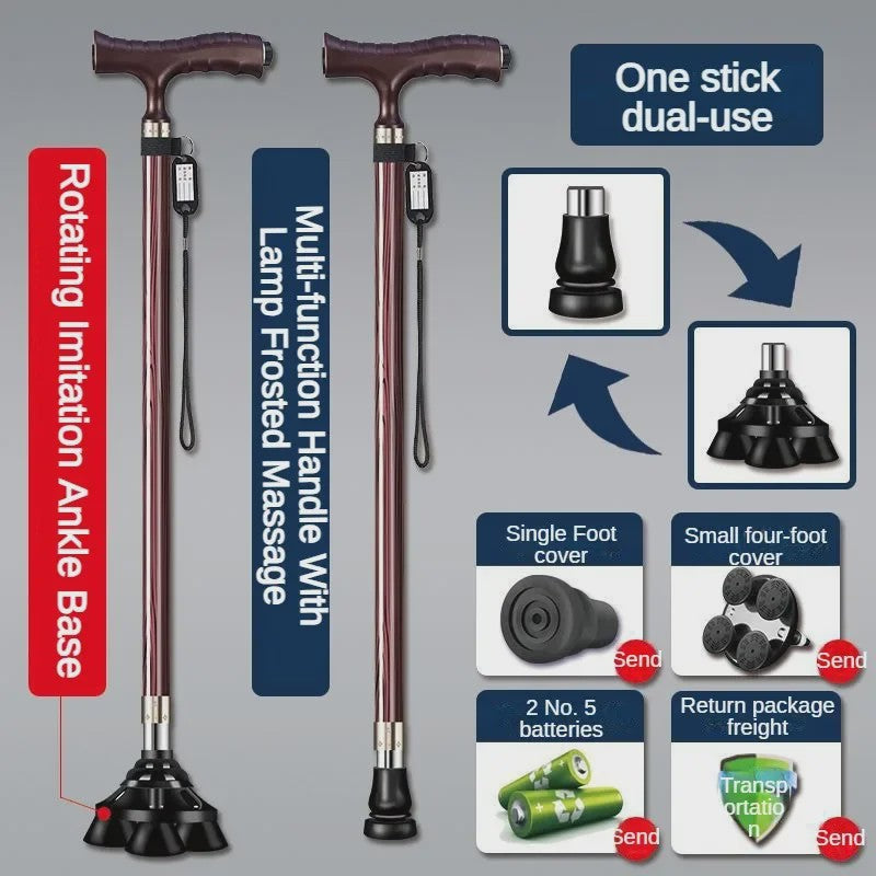 Verstelbare Aluminium Wandelstok met LED-lamp en Anti-slip Vierpoot