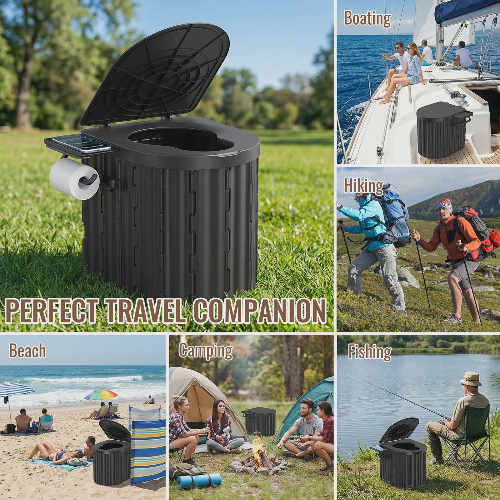 Draagbaar Camping Toilet met Deksel & Toiletrolhouder - Noodtoilet voor Reizen, Kamperen, Auto, Kind & Volwassene