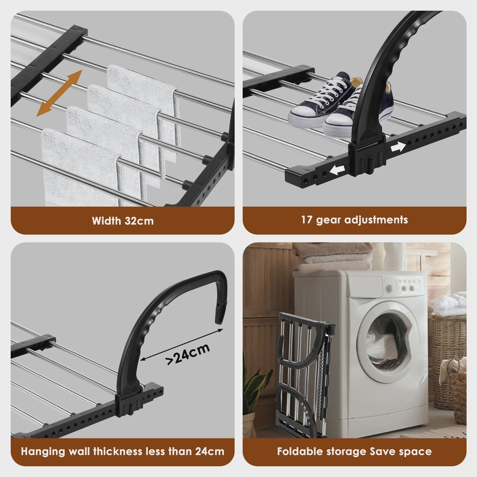 Uitschuifbaar RVS Droogrek - Opvouwbaar, voor Radiator, Balkon & Raam - Draagbaar