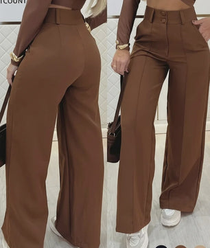 Dames Hoge Taille Wijde Pijpen Broek met Dubbele Knopen - Stijlvol & Slank