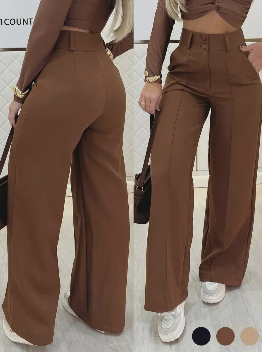 Dames Hoge Taille Wijde Pijpen Broek met Dubbele Knopen - Stijlvol & Slank