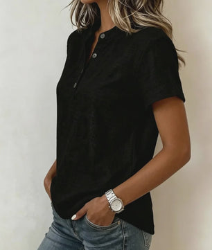 Dames Casual Linnenlook Blouse met Korte Mouwen en Henley Hals - Zomerse Relaxed Fit Top