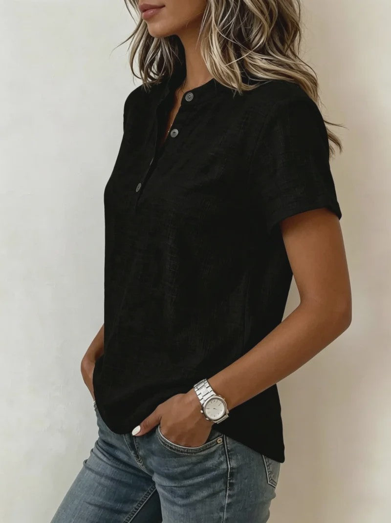 Dames Casual Linnenlook Blouse met Korte Mouwen en Henley Hals - Zomerse Relaxed Fit Top