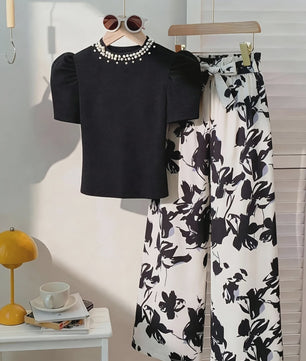 Zomerse Outfit Set Meisjes: Zwart T-shirt met Pareldecoratie & Bloemige Wijde Broek - 2-delig Pak voor Kinderen & Tieners (5-13 jaar)