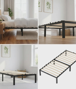 Zwevend Metalen Bedframe 90x200/140x200 cm met Houtlook Hoofd- en Voetbord | Industriële Stijl & 27cm Opbergruimte