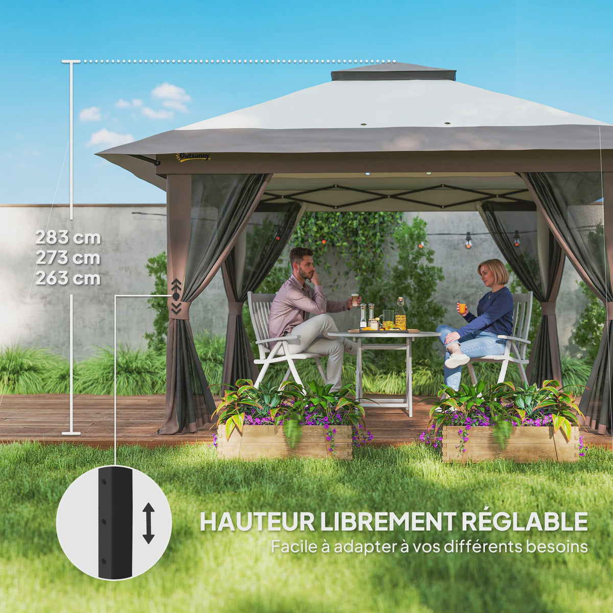 Outsunny Pop-Up Tonnelle 4x4m Beige - Dubbel Dak, UV-bescherming 50+ & Muggennetten