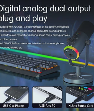 Professionele USB/XLR Microfoon met Touch Mute, RGB Verlichting & Koptelefoonaansluiting - Ideaal voor Gaming, Streaming & PC