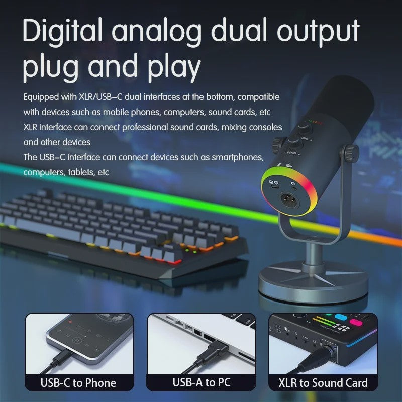 Professionele USB/XLR Microfoon met Touch Mute, RGB Verlichting & Koptelefoonaansluiting - Ideaal voor Gaming, Streaming & PC