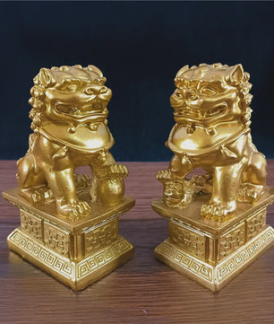 Set van 2 Chinese Leeuwen Beelden - Fu Dogs - Brons & Jade Steen Look