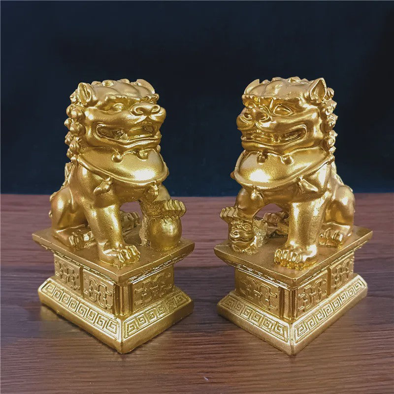 Set van 2 Chinese Leeuwen Beelden - Fu Dogs - Brons & Jade Steen Look