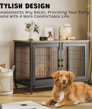 Houten Hondenkennel met Wielen en Lade - Stijlvolle Bijzettafel voor Kleine/Middelgrote Honden