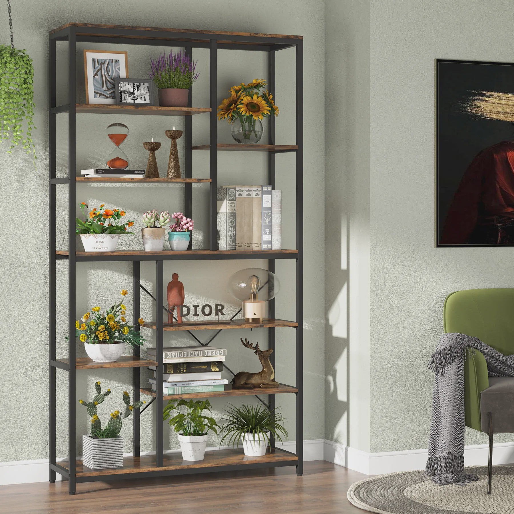 Industriële Boekenkast 79 Inch - 9 Lagen, 10 Vakken Open Opbergrek
