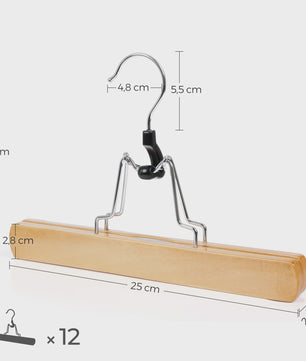 Set van 12 Houten Broekhangers met Anti-slip Grip en 360° Draaibare Chroom Haak