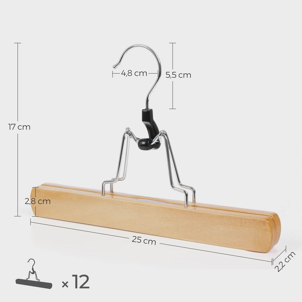 Set van 12 Houten Broekhangers met Anti-slip Grip en 360° Draaibare Chroom Haak