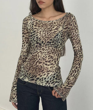 Dames Mesh Shirt met Zebra & Luipaardprint - Off-Shoulder Lange Mouwen