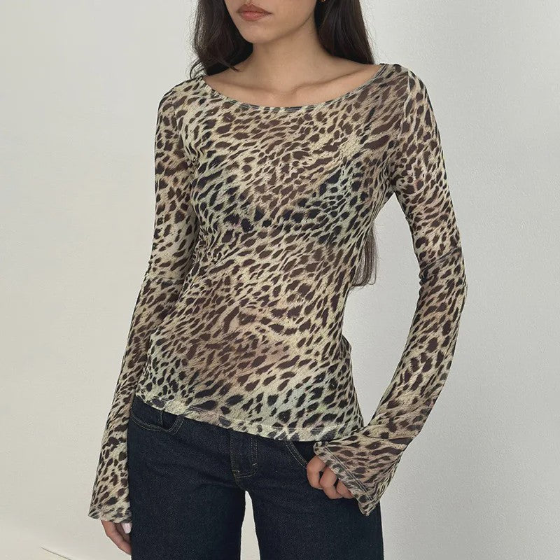 Dames Mesh Shirt met Zebra & Luipaardprint - Off-Shoulder Lange Mouwen