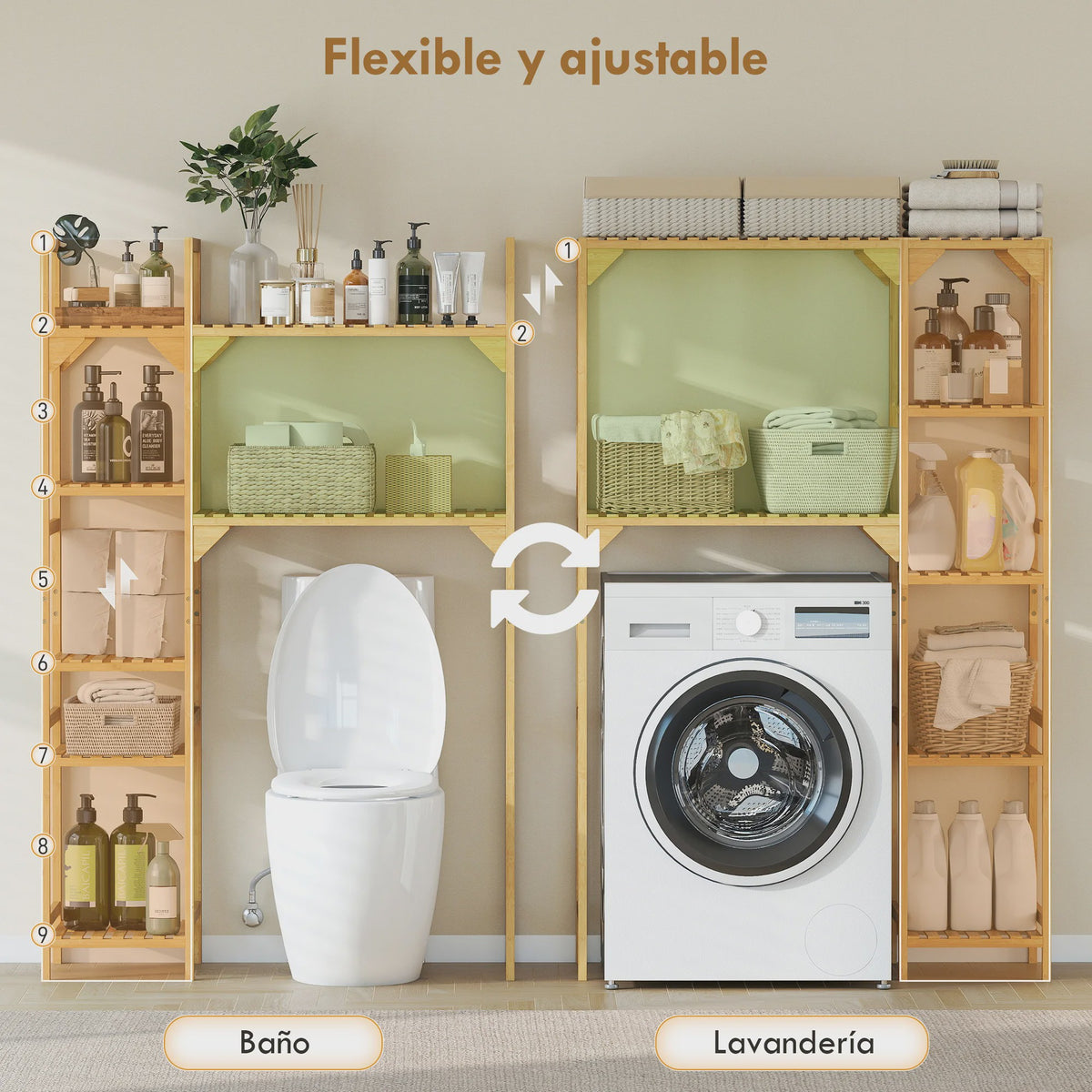 Bamboe Wasmachine & Toilet Rek - Verstelbare Planken - Natuurlijk Hout
