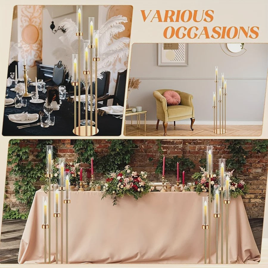 Gouden 5-armige Kandelaar met Glazen Kap - Stijlvolle Vloerstandaard voor Feesten en Decoratie
