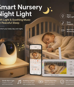 1080P HD WiFi Babyfoon met 4.3 inch Scherm, App Bediening, Nachtzicht & Temperatuur