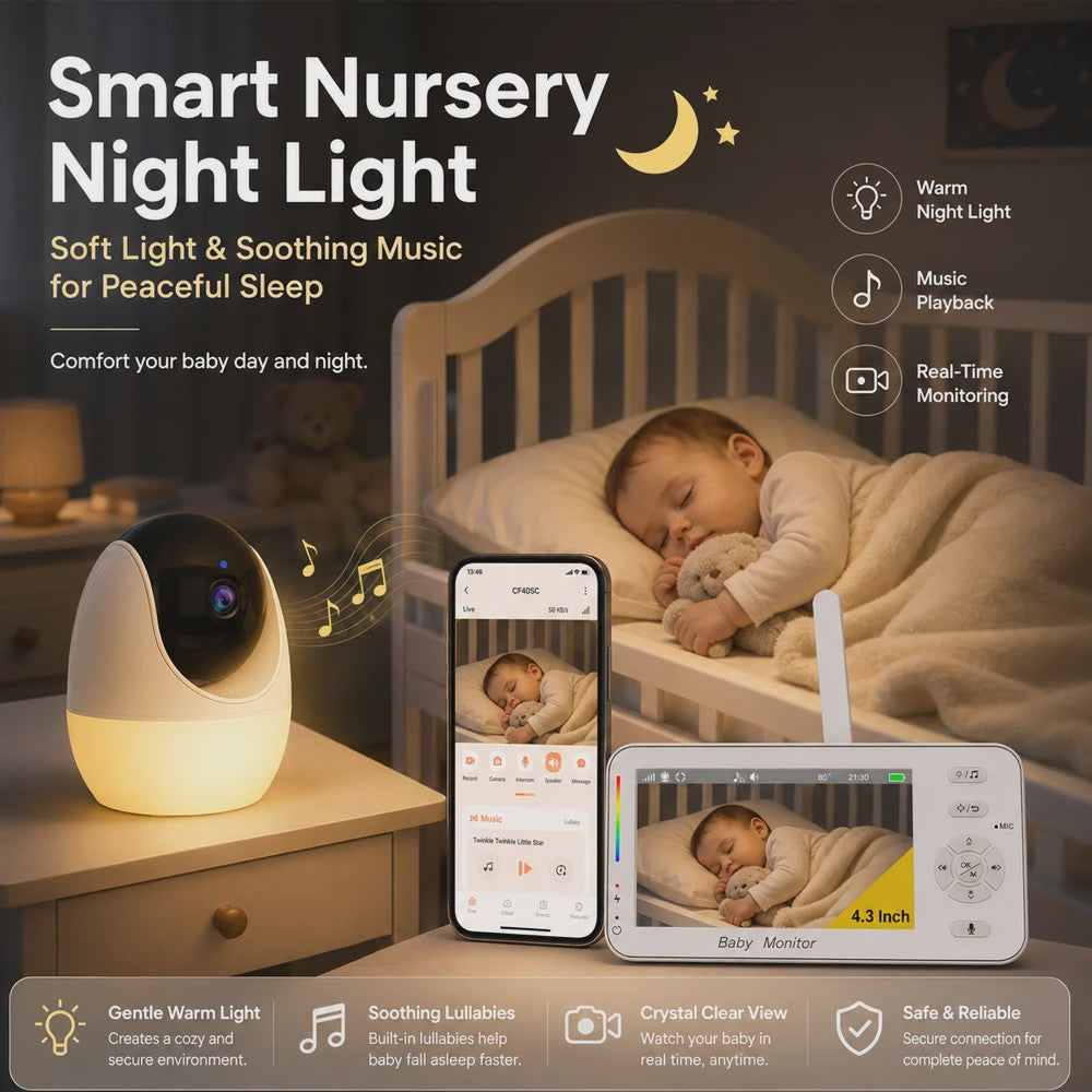 1080P HD WiFi Babyfoon met 4.3 inch Scherm, App Bediening, Nachtzicht & Temperatuur