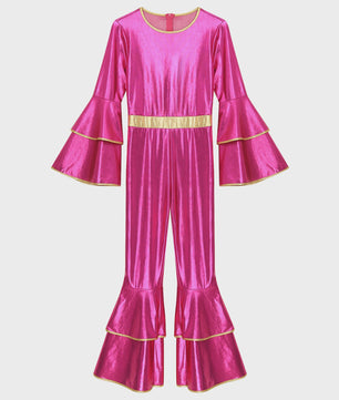 Dames Jumpsuit 70s Disco Metallic Met Wijde Pijpen en Flare Mouwen