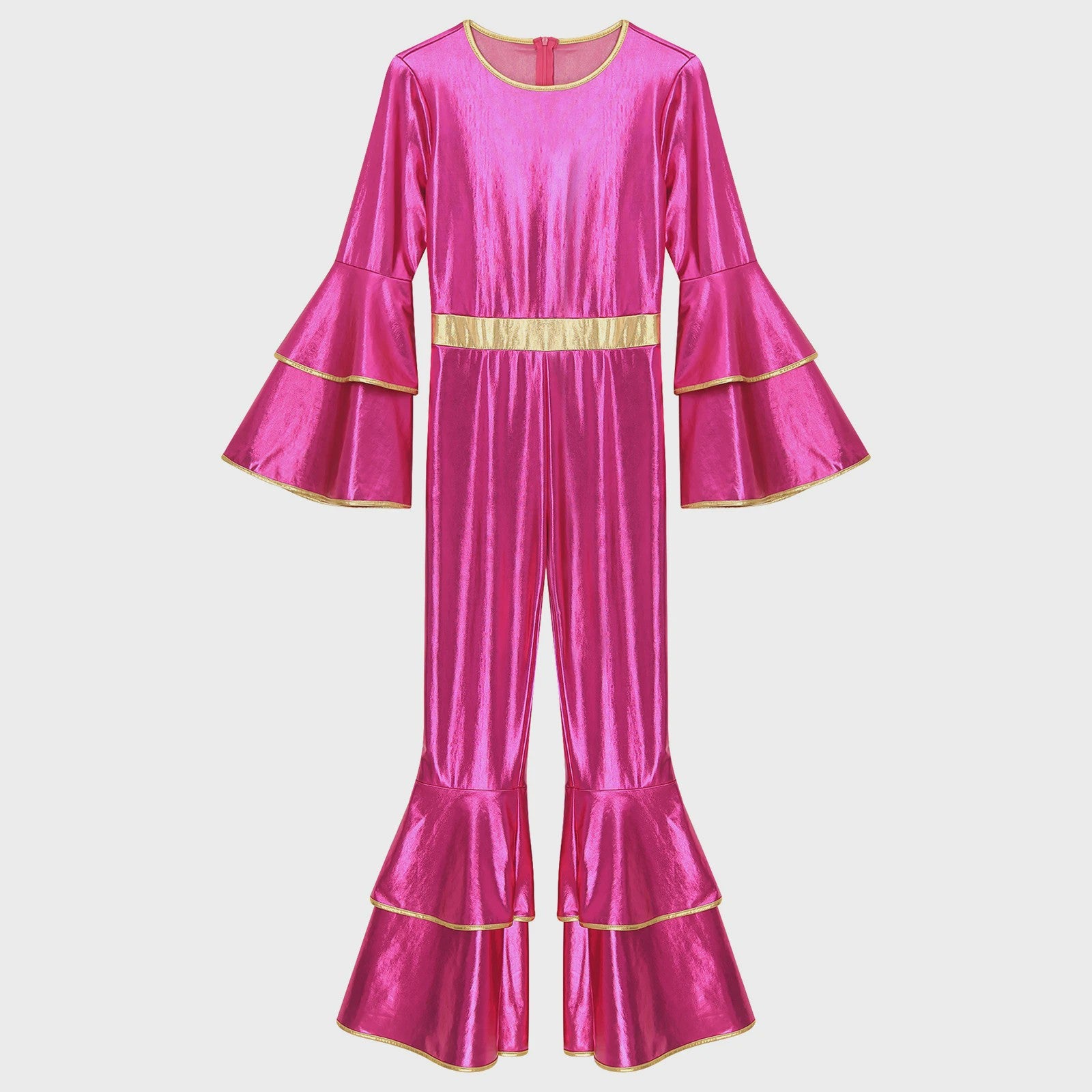 Dames Jumpsuit 70s Disco Metallic Met Wijde Pijpen en Flare Mouwen