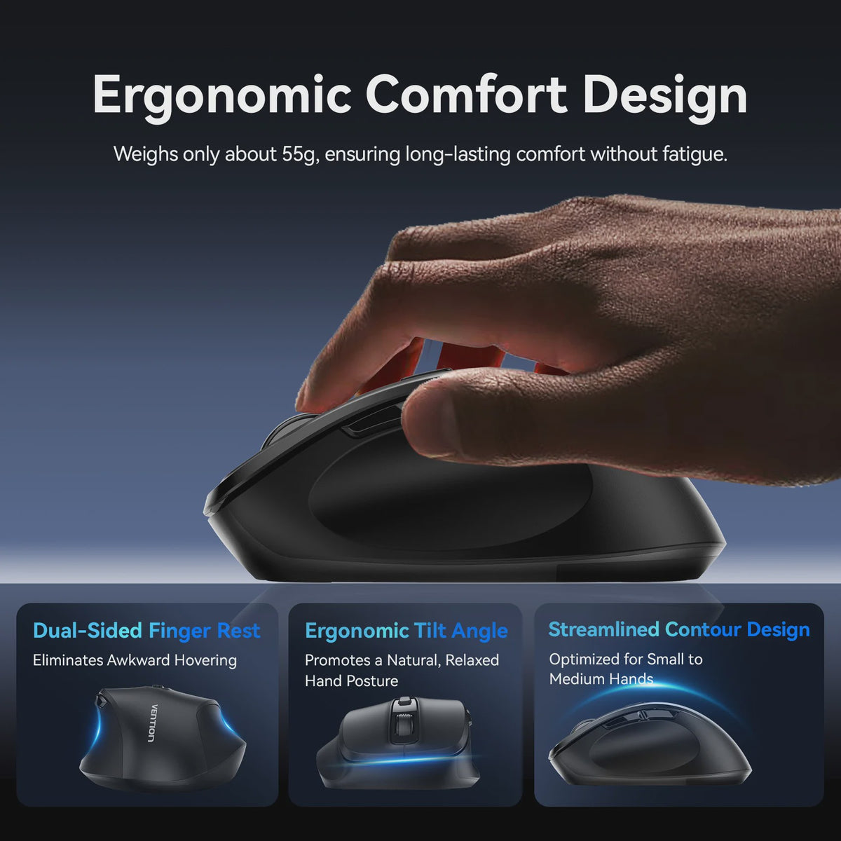 Vention Ergonomische Draadloze Muis: Bluetooth 5.1 & 2.4G Dual-Mode, 4000 DPI, Stille Knoppen