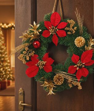 Kunstkerstkrans Rood met Poinsettia & Gouden Dennenappels - 45/55cm
