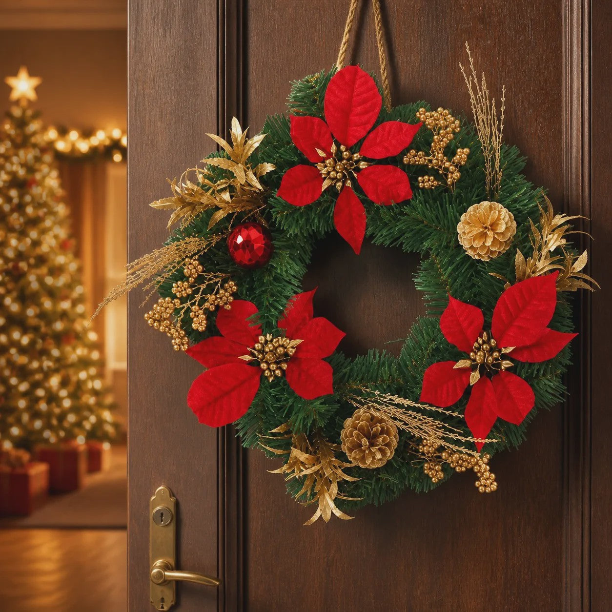 Kunstkerstkrans Rood met Poinsettia & Gouden Dennenappels - 45/55cm