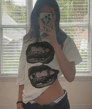 Dames T-shirt met Streetwear Hip Hop Mondprint - Losse Pasvorm