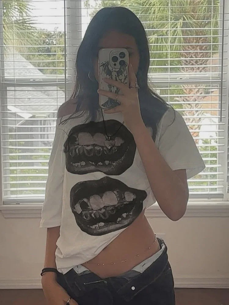 Dames T-shirt met Streetwear Hip Hop Mondprint - Losse Pasvorm