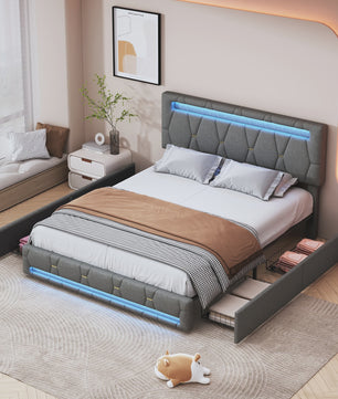 Modern Gestoffeerd Dubbel Bed met LED Verlichting en 4 Opberglades