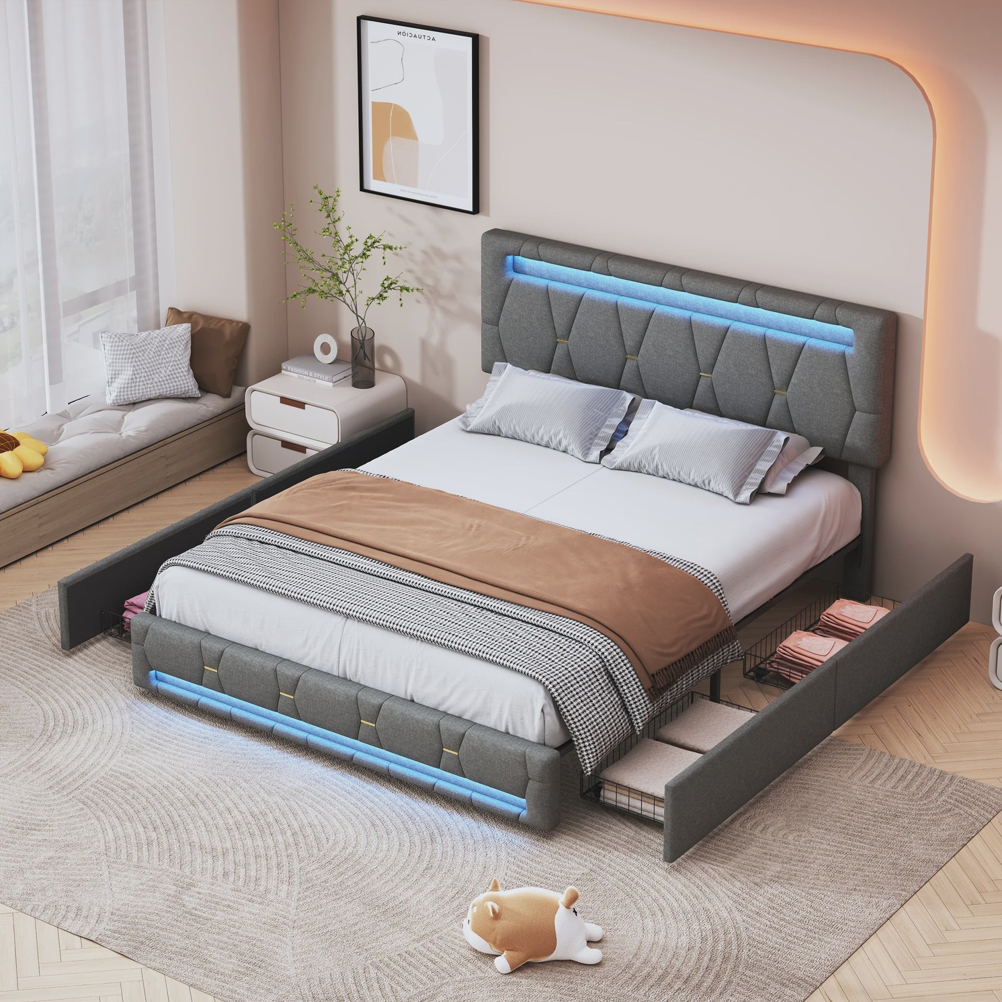 Modern Gestoffeerd Dubbel Bed met LED Verlichting en 4 Opberglades