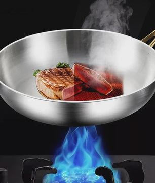 3-delige Set Roestvrij Staal Koekenpannen & Wok met Gouden Handvat - 5-laags Staal, Non-stick