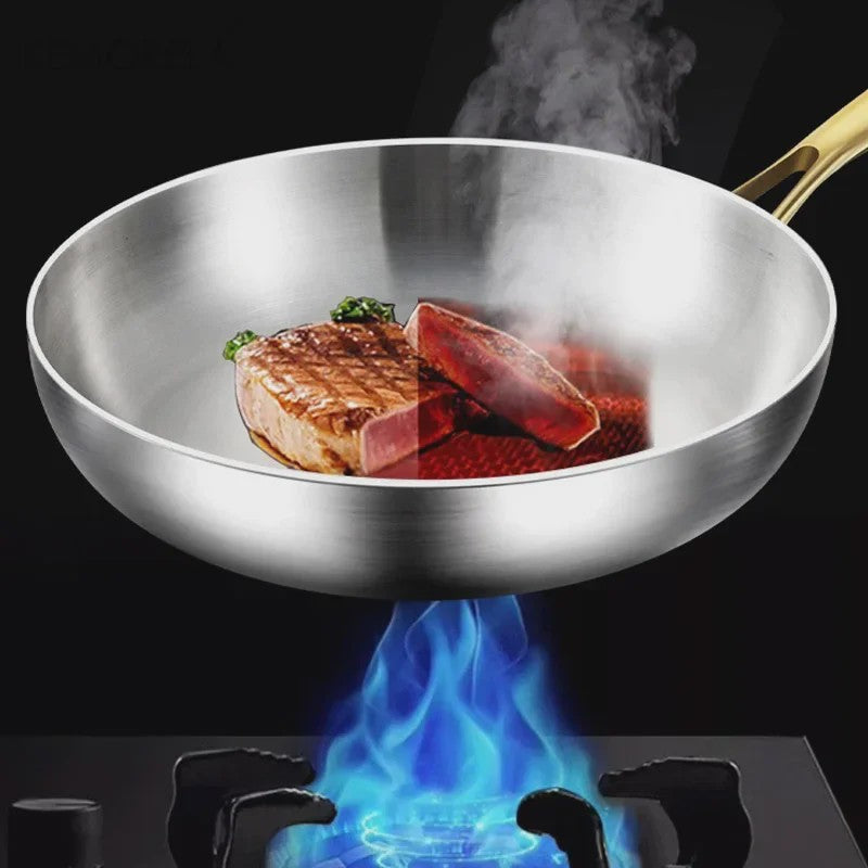 3-delige Set Roestvrij Staal Koekenpannen & Wok met Gouden Handvat - 5-laags Staal, Non-stick