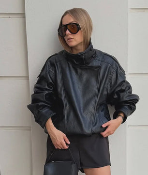 Dames Elegante Zwarte Jas - Street Style Asymmetrisch met Rits en Zakken