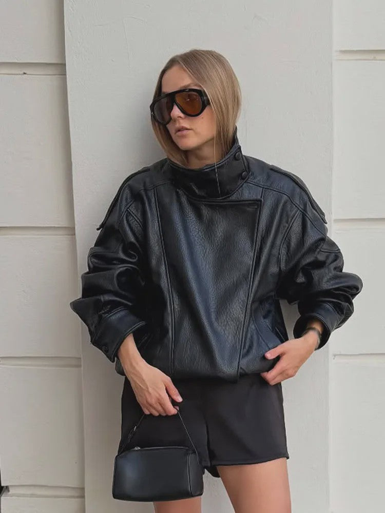Dames Elegante Zwarte Jas - Street Style Asymmetrisch met Rits en Zakken