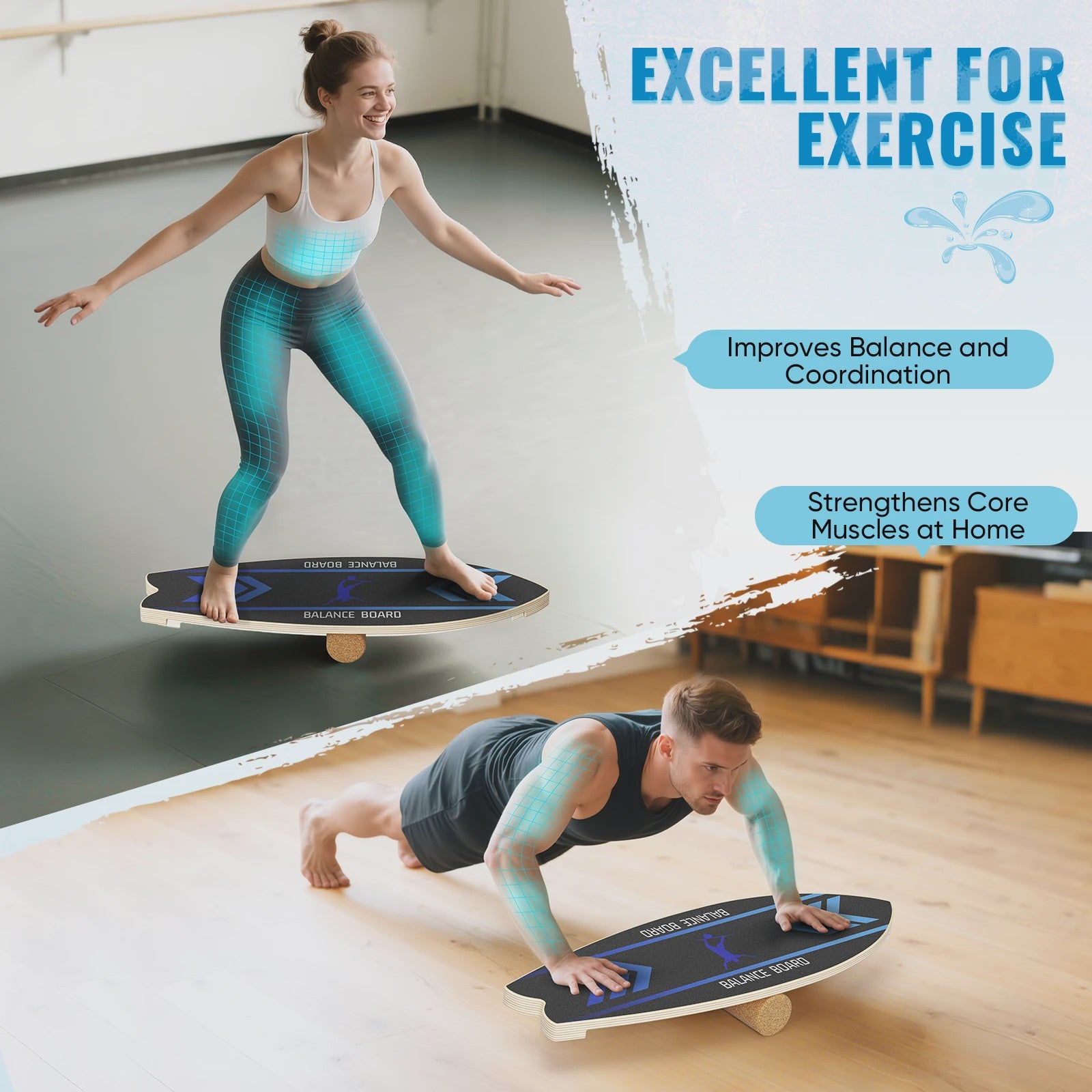Balance Board Wood Sportneer Indoor Board Skateboard, Indoor Surfboard, Trickboard and Balance Board for Children and Adults