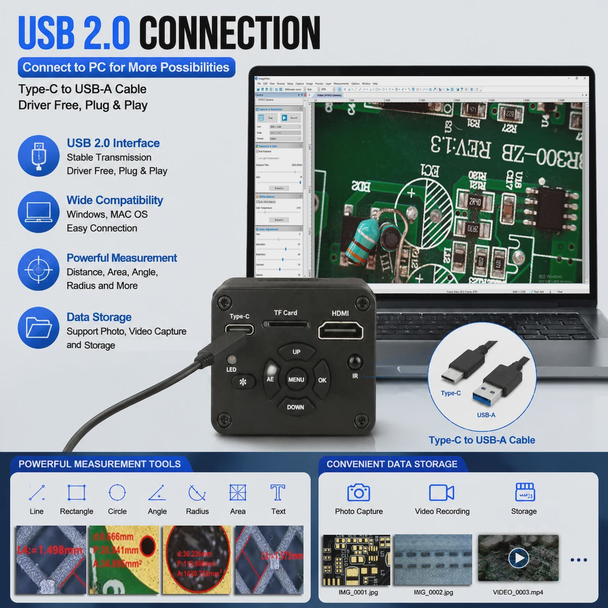 4K UHD Industriële Digitale Microscoop Camera met HDMI & USB voor Soldeerwerk