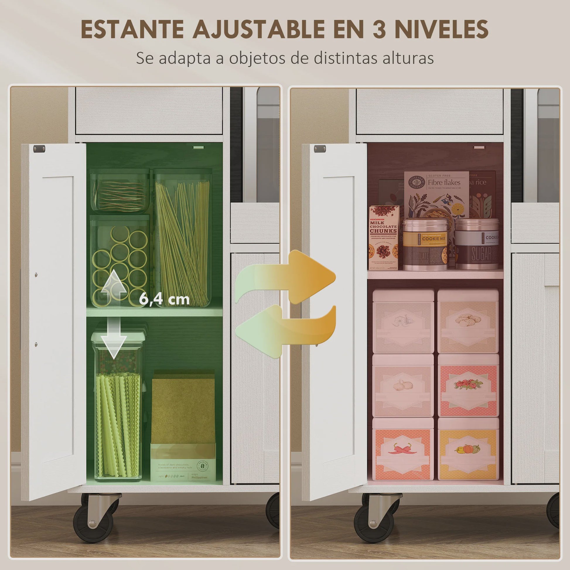 Keuken Hulpmeubel met Wielen en Uittrekbare Tray - Wit