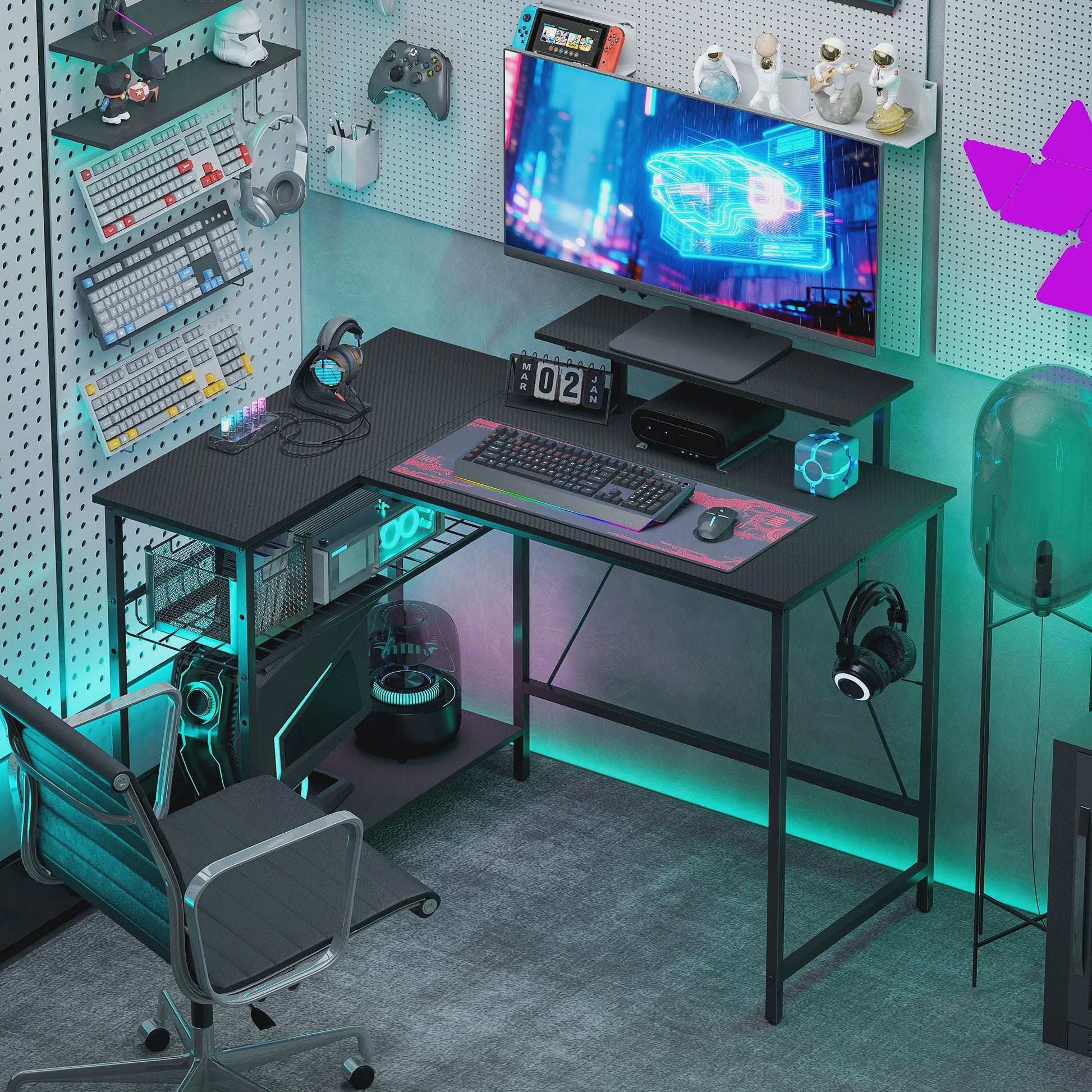 HOMCOM Gaming Hoekbureau met Monitorstandaard en Verstelbare Nettenplank - 114,5x82 cm, Omkeerbaar